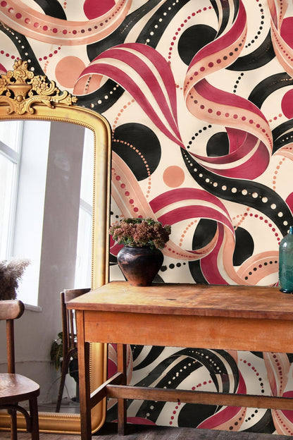 Interior space highlighting dynamic ribbon pattern in red, black and peach on cream, creating a sense of motion