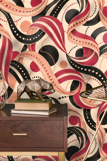 Section of wall covered in curved stripes and dots in vivid red, soft peach, and black