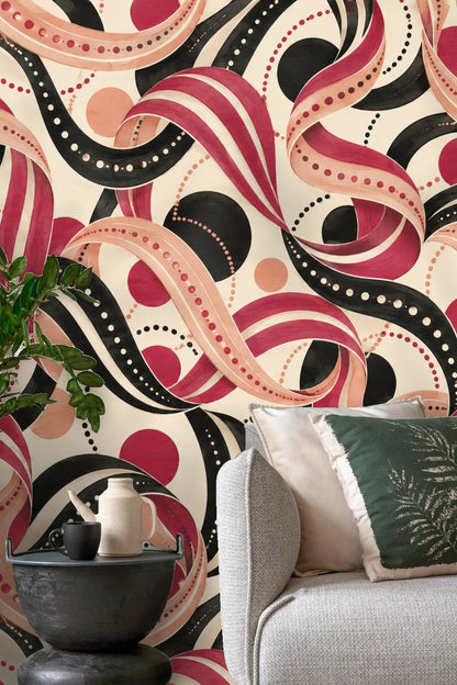 Art-inspired wallpaper combining velvet red and subtle peach in large shape motifs with black contrasts