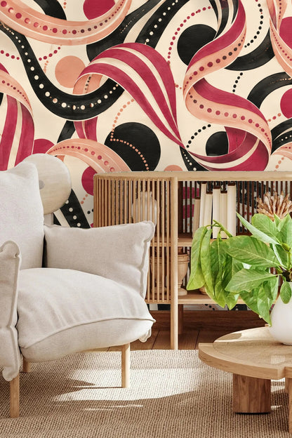 Abstract modern wallpaper pattern lifting a room with warm reds and contrasting black elements