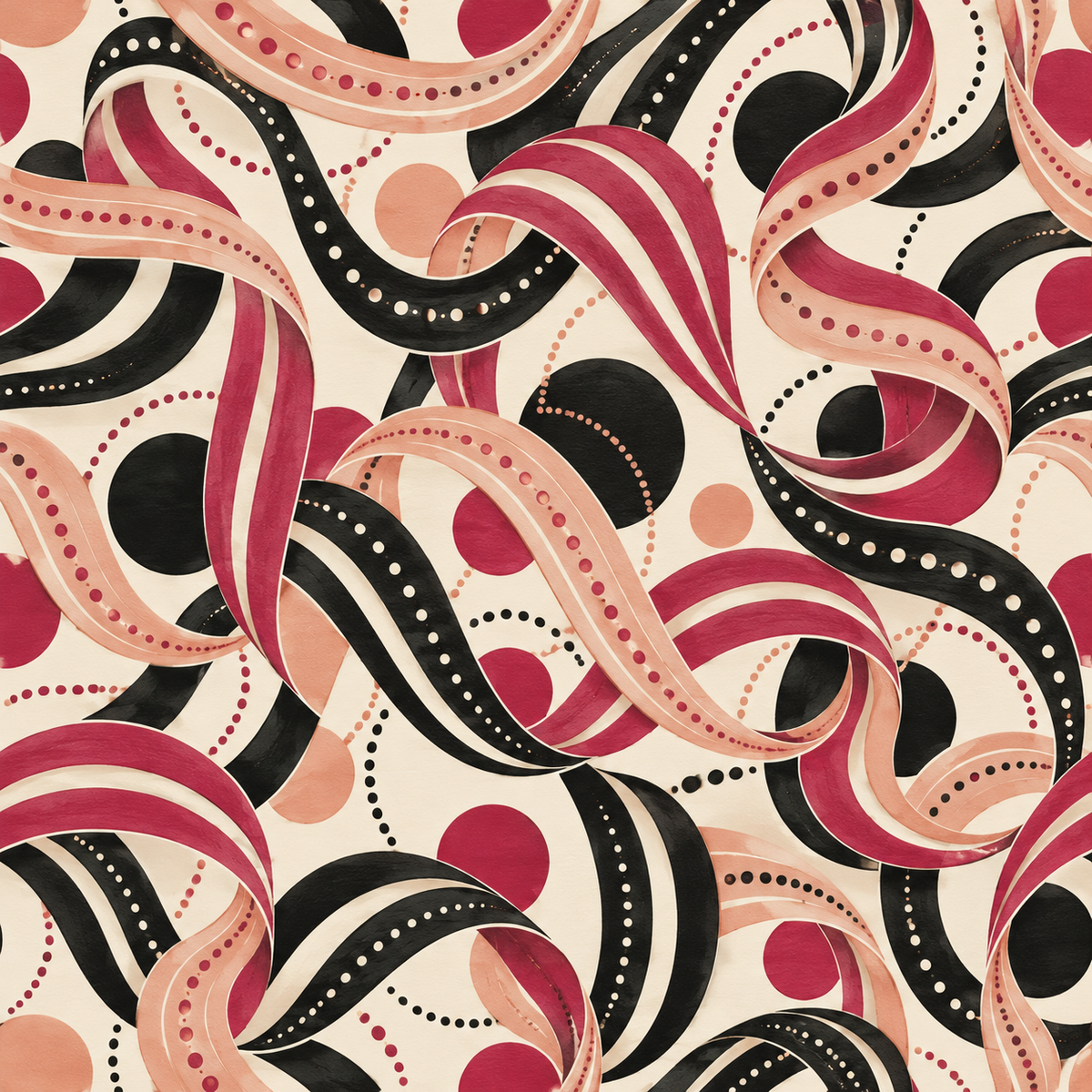 Playroom scene showing wallpaper accent wall with curling ribbon shapes and scattered dots in warm and dark hues