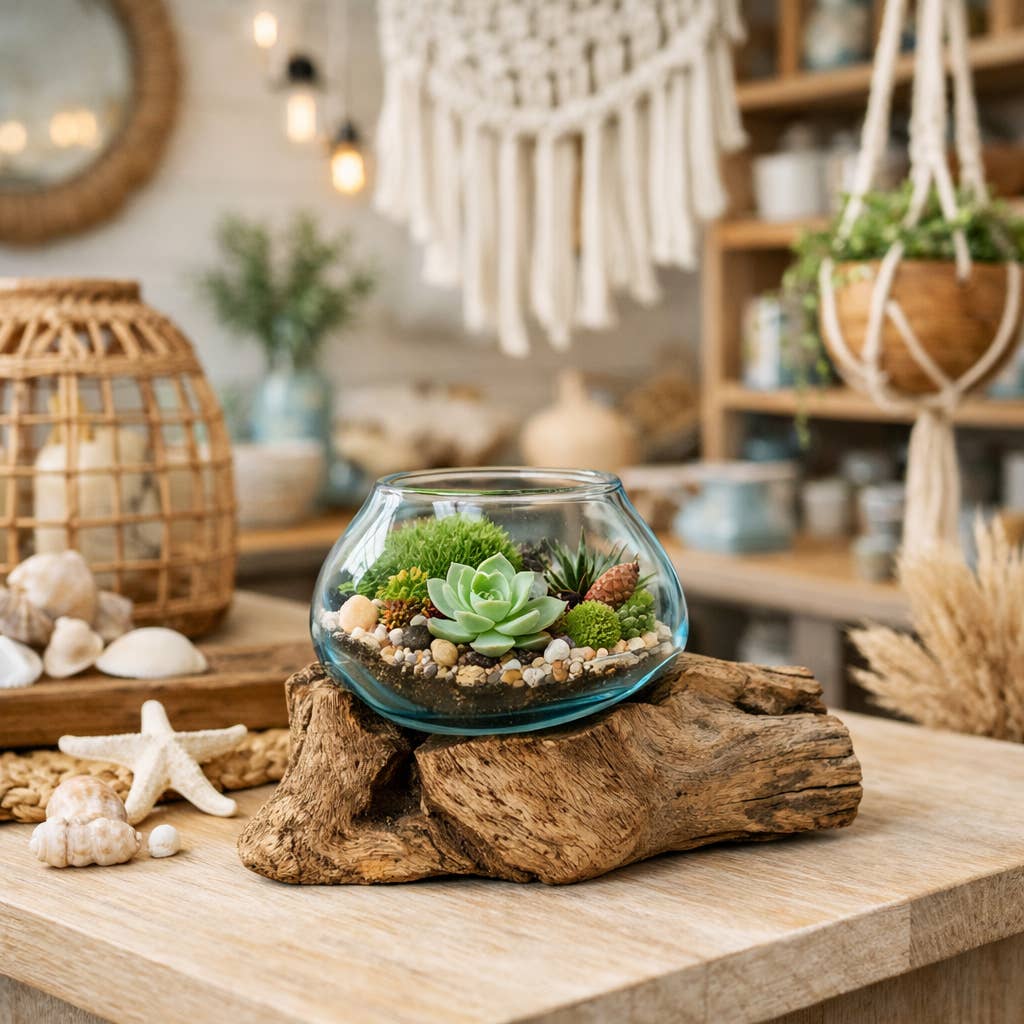 Mini Glass Terrarium On Wood (Approx. 6" X 5" X 5") by Asia West — view 9