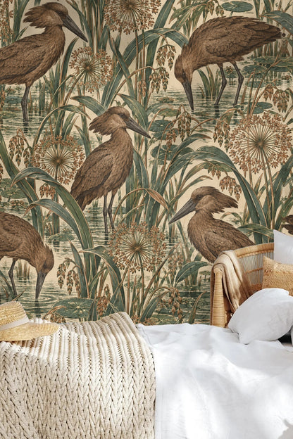 Water lilies and aquatic vegetation interspersed with birds in the pattern