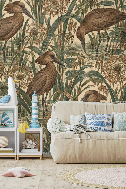 Pattern emphasis on linear reed blades and seed clusters in green and brown shades