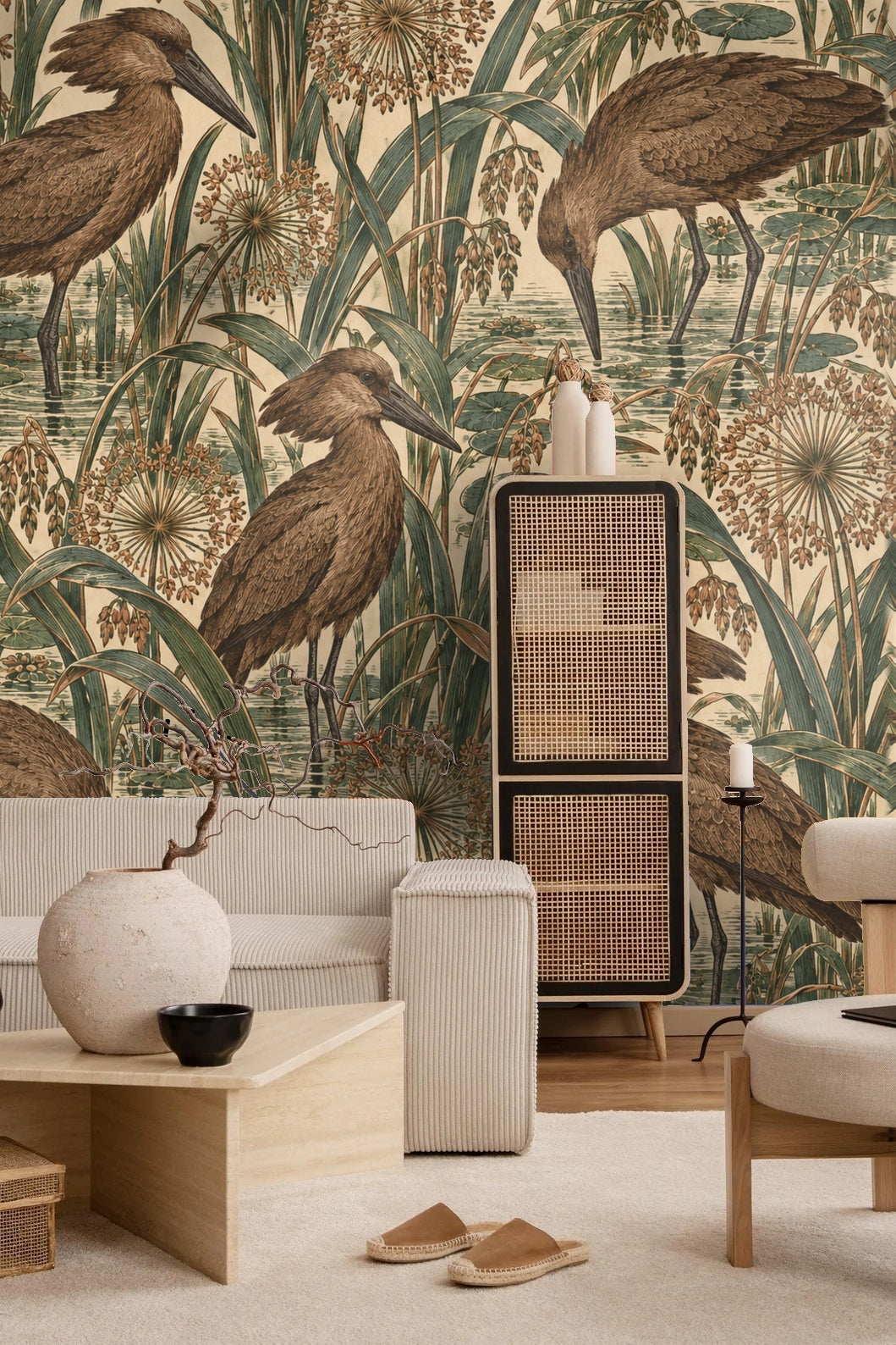 Bird profiles framed by curved reed leaves creating dynamic shapes