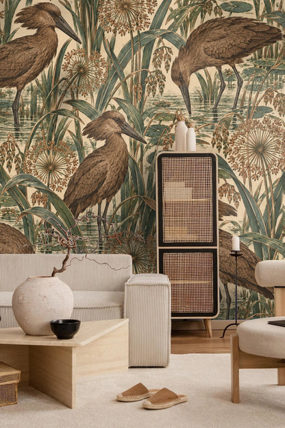 Bird profiles framed by curved reed leaves creating dynamic shapes