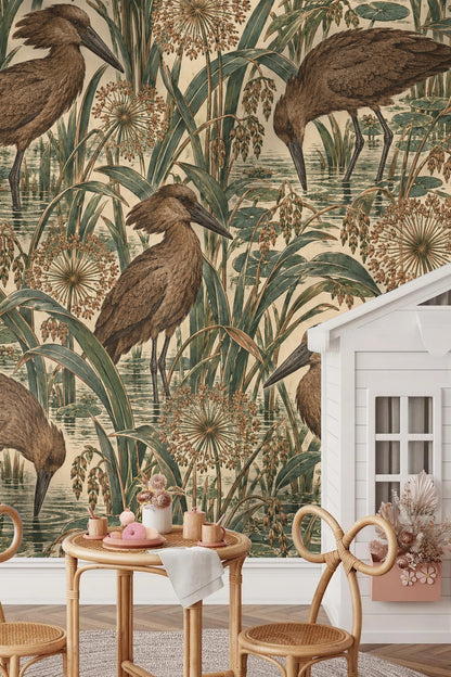 Close-up of hamerkop bird wallpaper on a wall behind a wooden surface with a white vase