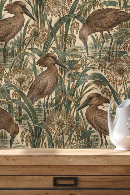 Detailed illustration of a hamerkop bird standing in water amongst reeds and dandelion-like flowers