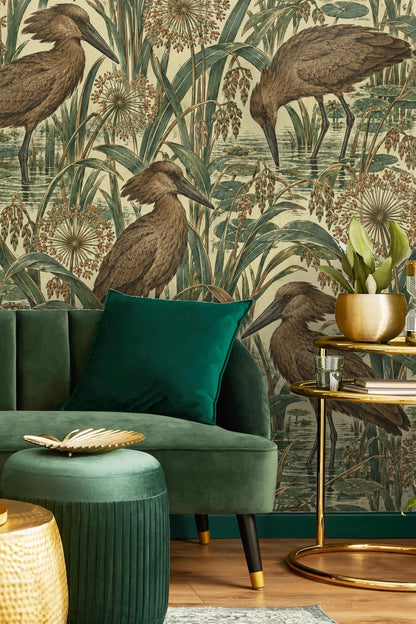 Multiple hamerkop birds in a marsh setting with detailed botanical elements