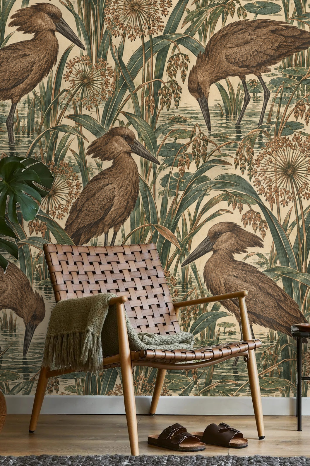 Vintage-styled natural scene wallpaper spread evenly with soft tonal balance