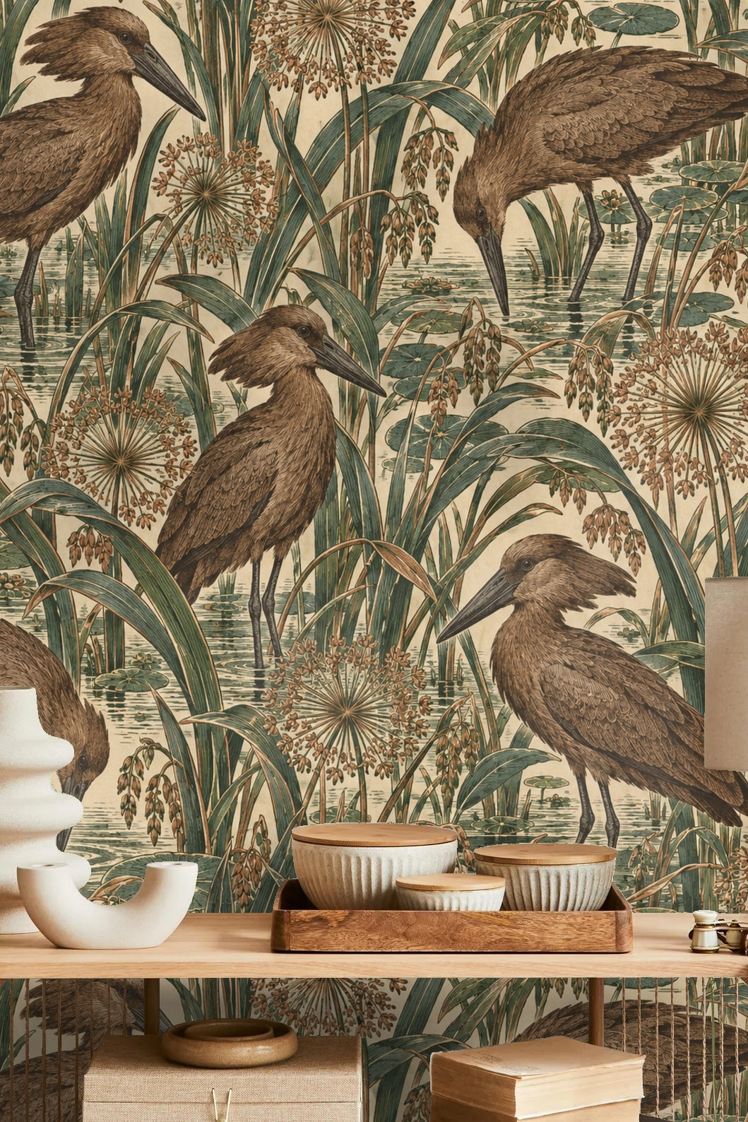 Dense reeds and seed heads with birds scattered throughout the wallpaper