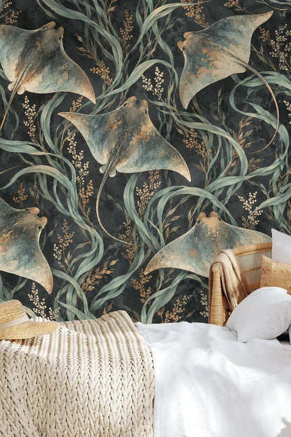 Subtle floral accents within the flowing seagrass illustrated on wallpaper