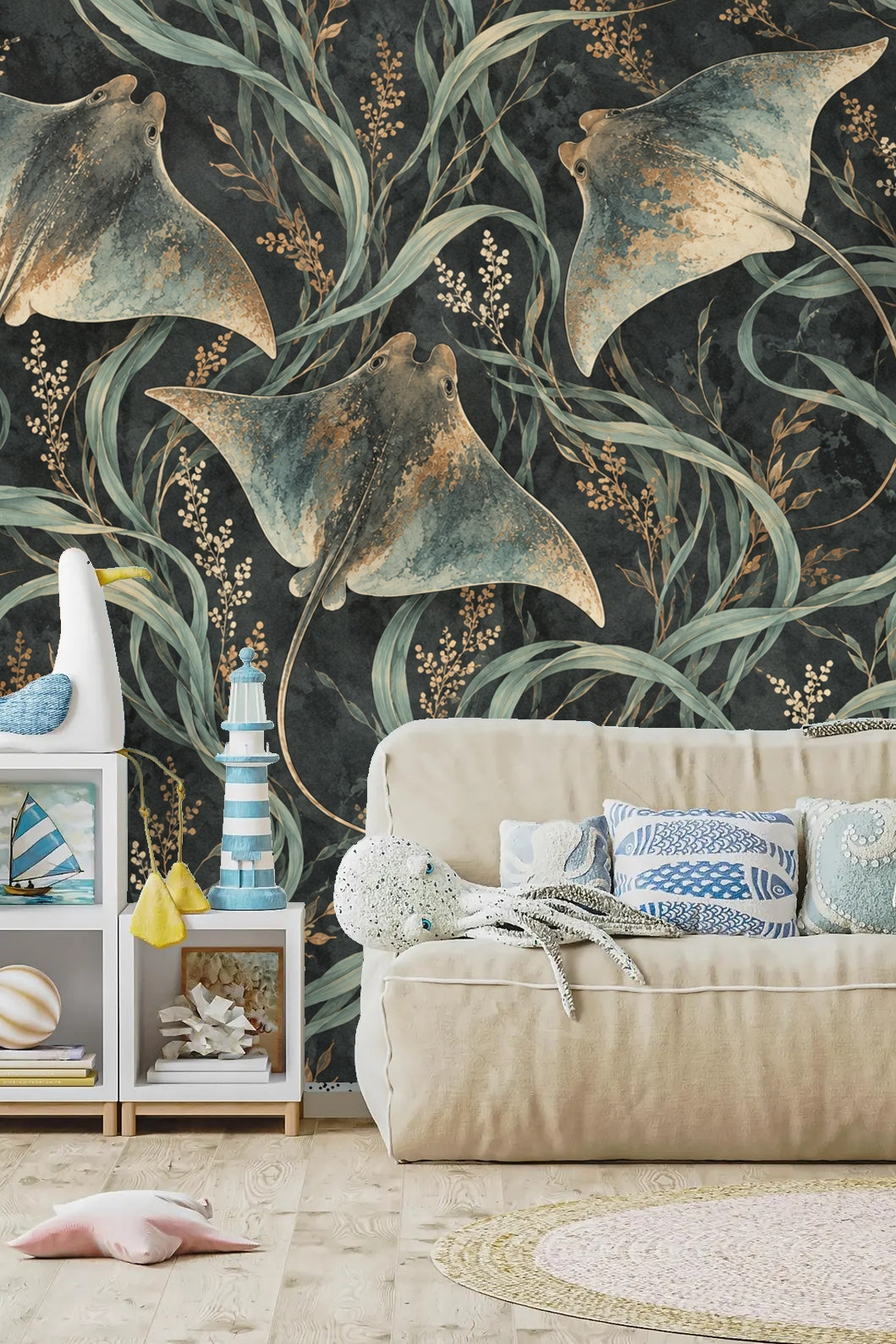 Organic shapes of seagrass weaving between the cownose rays on wallpaper