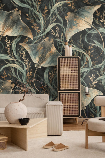 Rattan chair positioned beside wallpaper depicting underwater scene with rays and plants