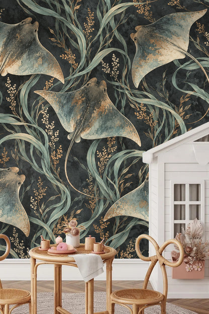 Living room corner featuring wallpaper with cownose rays and dark seagrass motif