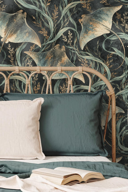 Children's playroom wall decorated with cownose ray wallpaper and natural rattan furniture