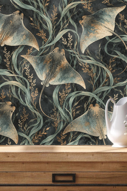 Dark charcoal background wallpaper featuring muted blue rays and botanical elements