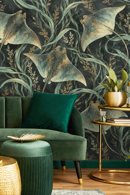 Warm and cool neutral aquatic color palette spotlighted in wallpaper design