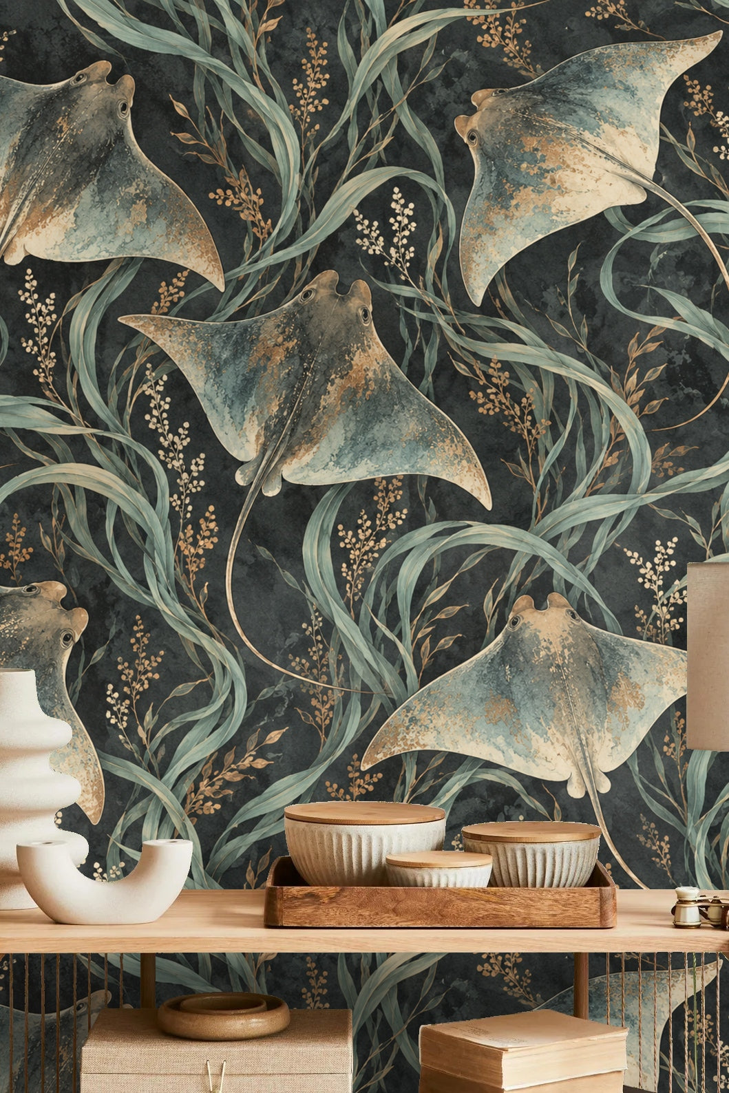 Stylish wooden cabinet with bronze bear sculpture in front of marine wallpaper