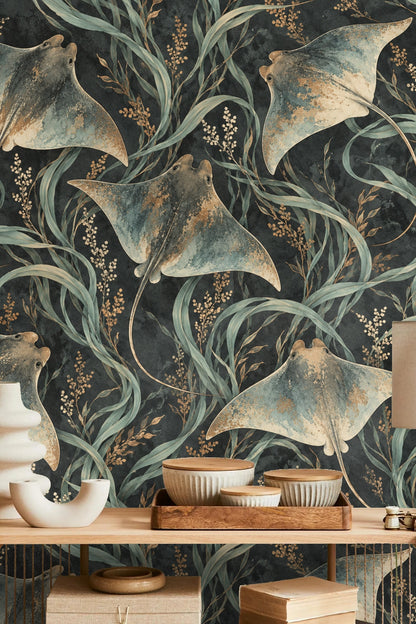 Stylish wooden cabinet with bronze bear sculpture in front of marine wallpaper