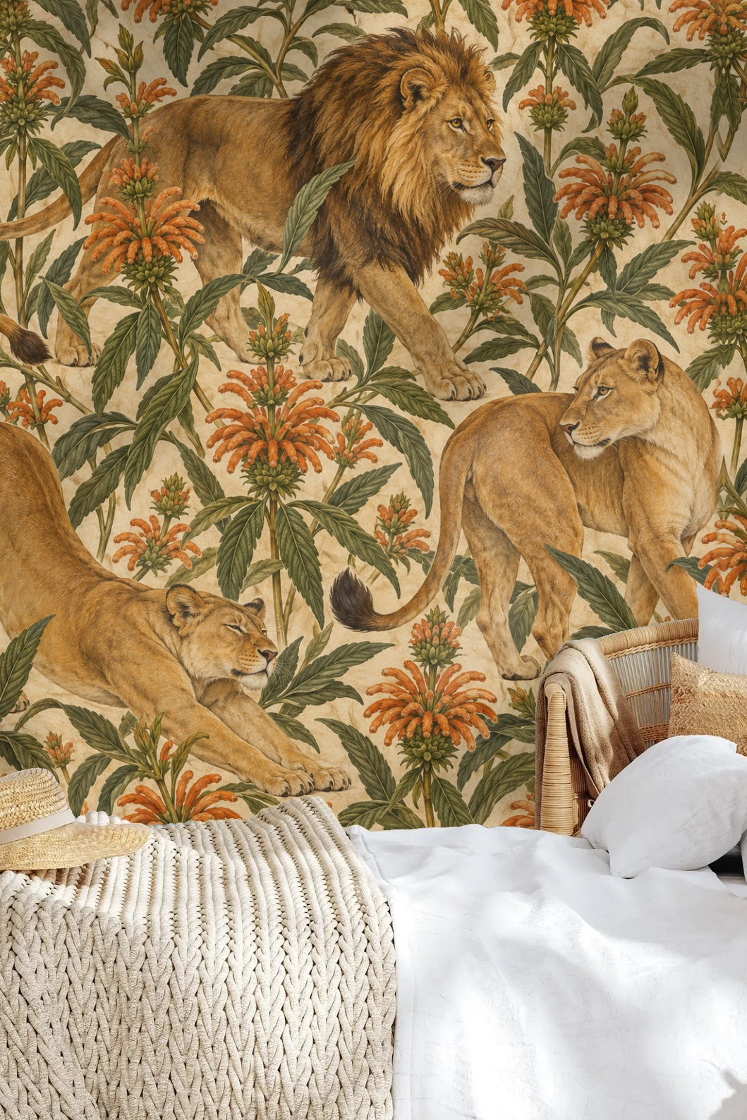 Textured beige wallpaper background with overlapping floral and lion motifs