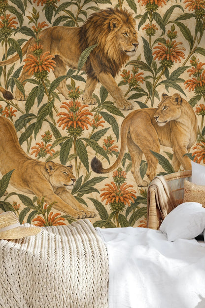 Textured beige wallpaper background with overlapping floral and lion motifs