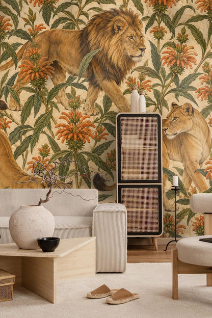 Botanical pattern detail of large leaves and blooming flowers on wallpaper