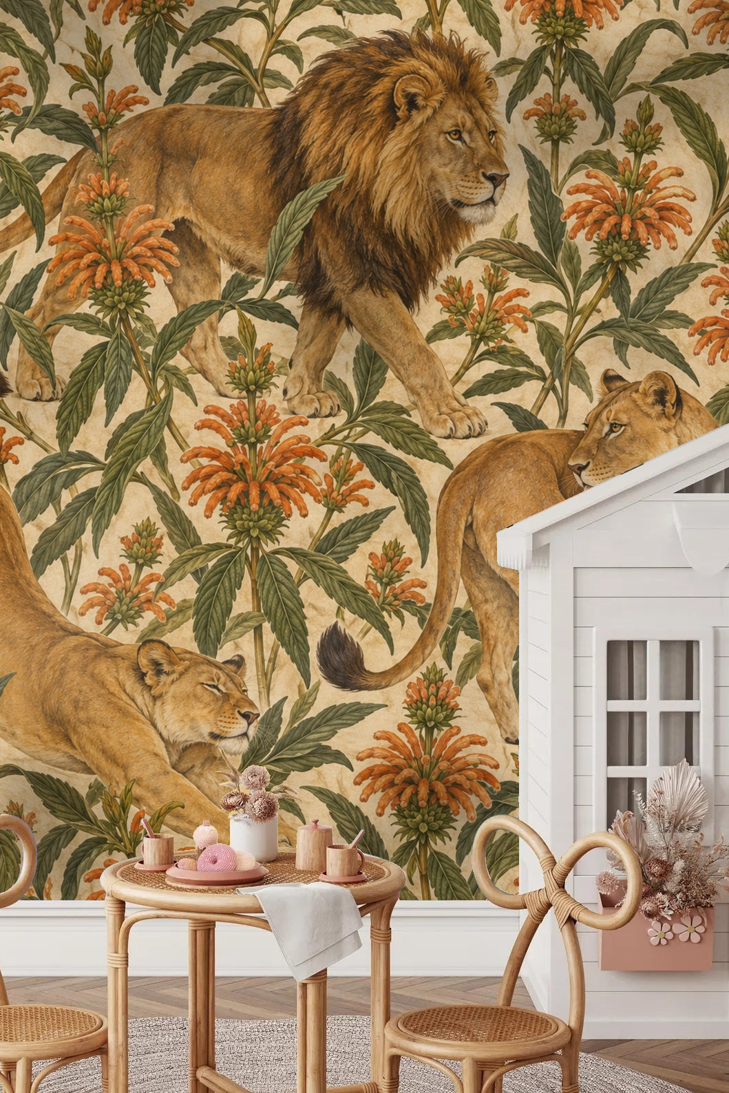 Close-up vignette of Cape Lion Royale wallpaper with lion figures and orange flowers seen behind a white pitcher on wood surface