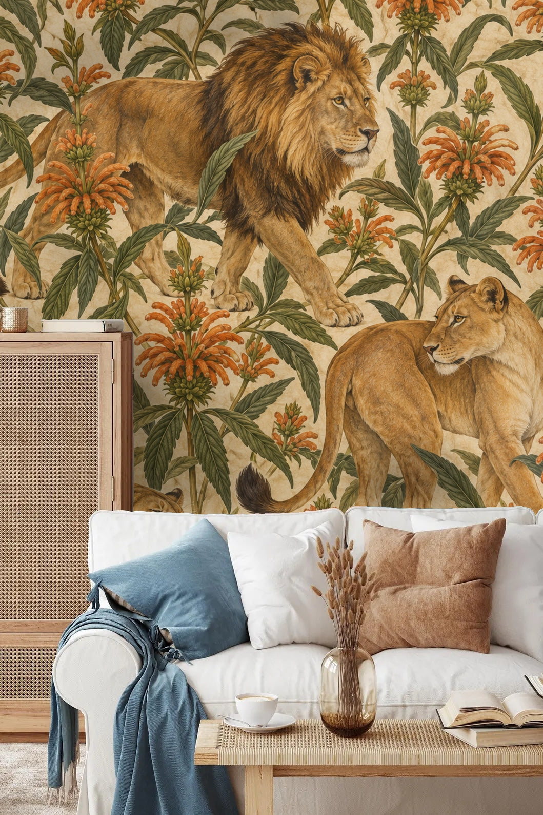 Pattern repeat showing lion heads framed by green foliage