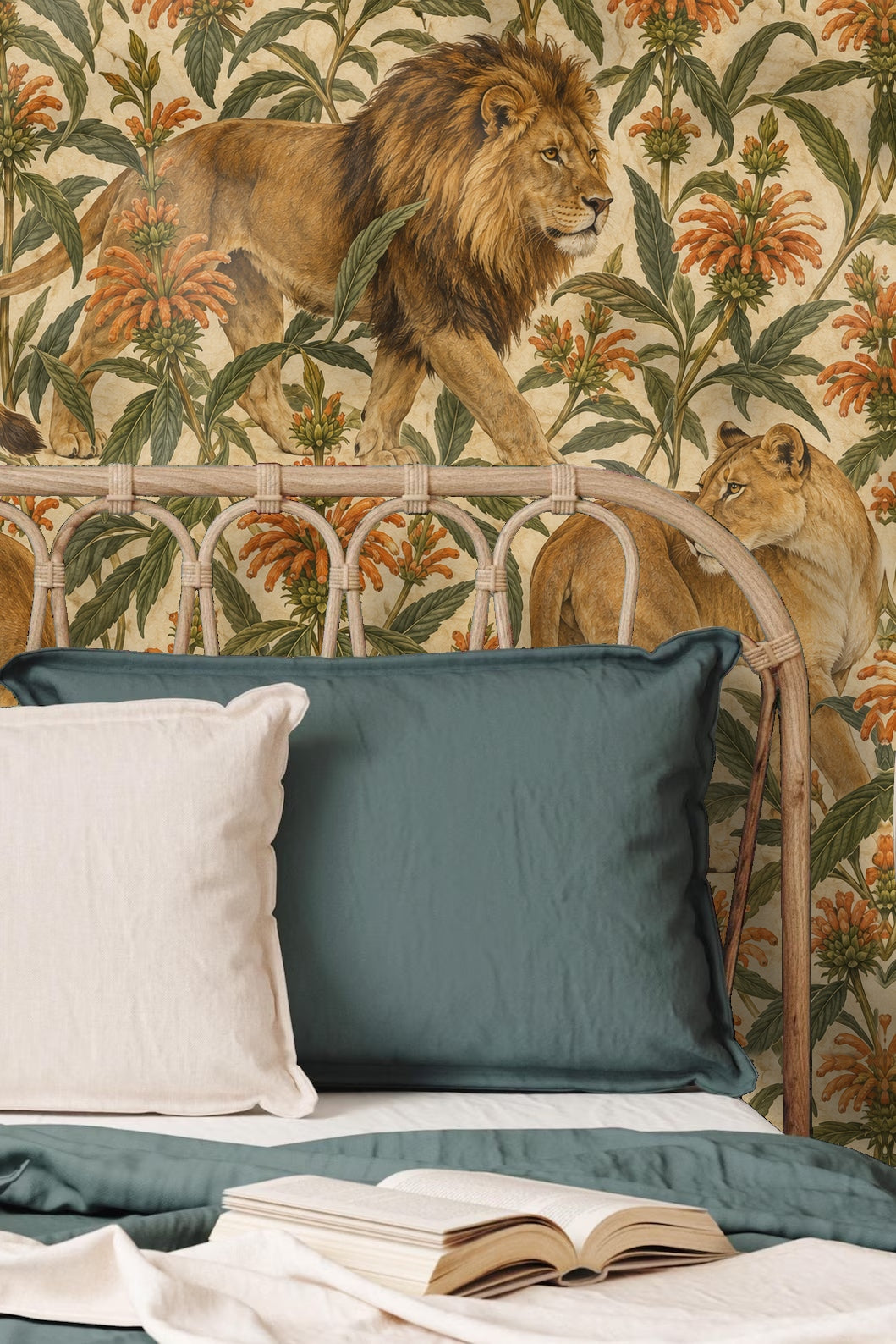 Ornate botanical leaves and orange leonotis flowers from Cape Lion Royale wallpaper