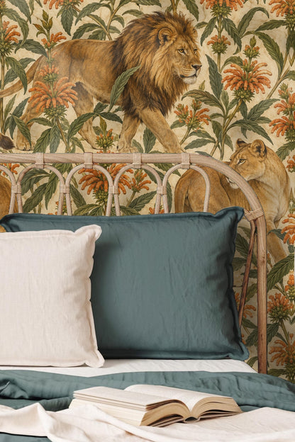 Ornate botanical leaves and orange leonotis flowers from Cape Lion Royale wallpaper