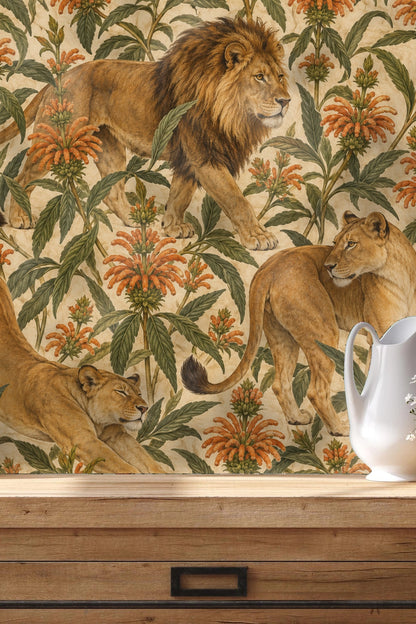 Living room corner with Cape Lion Royale wallpaper behind wooden console and plants