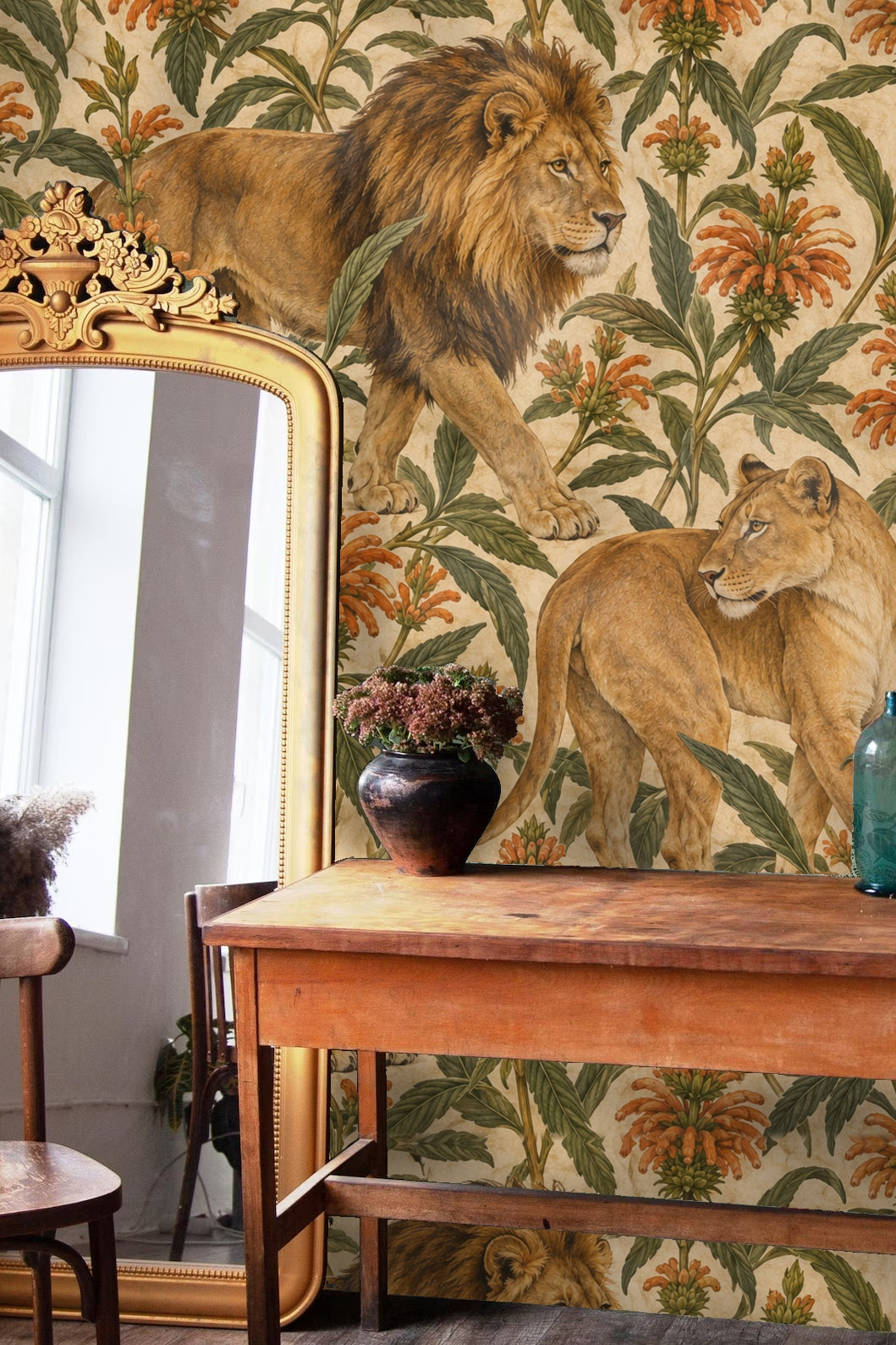 Lioness stretching under botanical florals on wallpaper