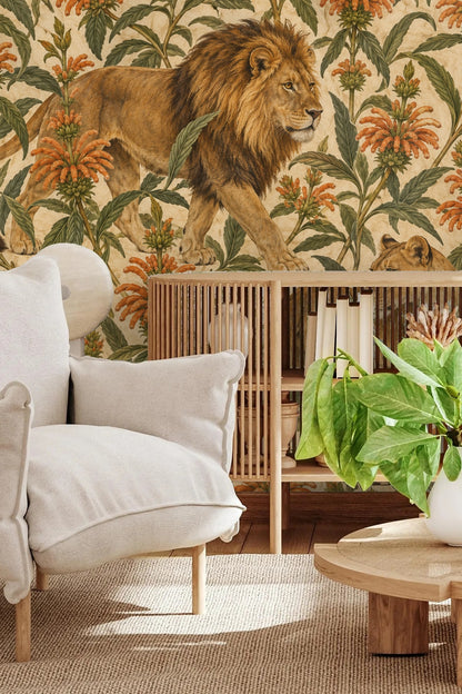 Detailed wallpaper artwork of a male lion and two lionesses among orange leonotis plants against a textured beige background