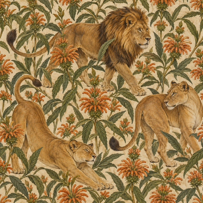 Orange leonotis flower cluster with detailed leaves on patterned wallpaper