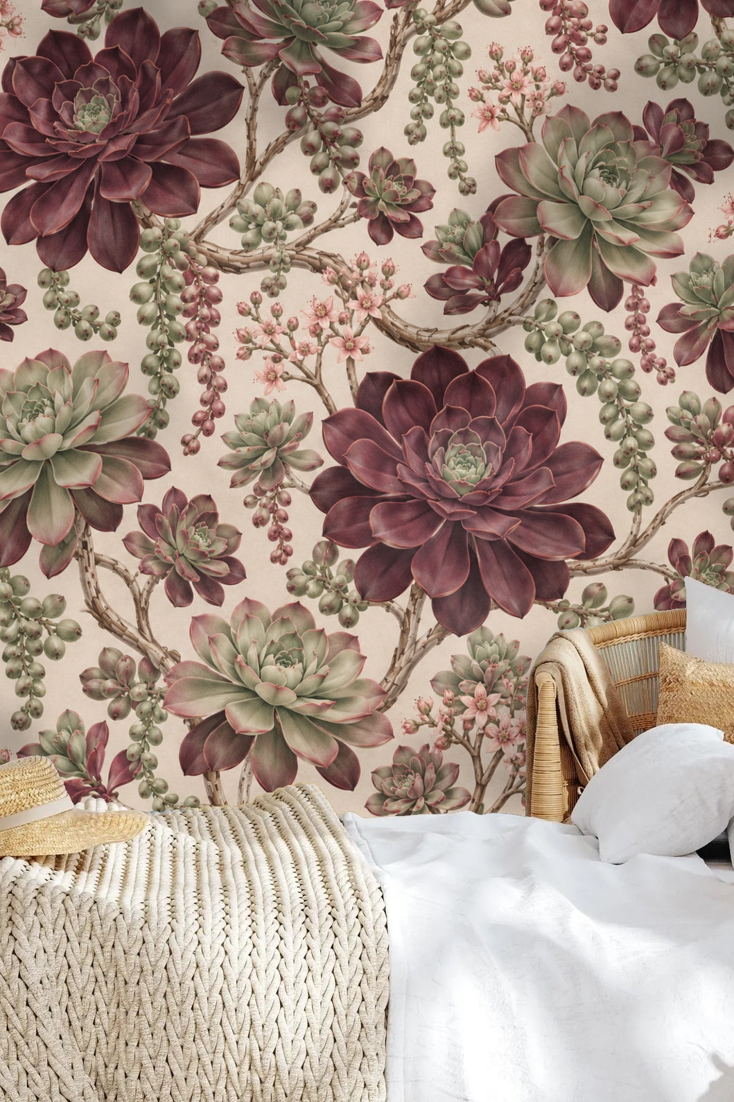 Small rattan children's chairs on patterned floor contrasting with wallpaper's large rosette scale