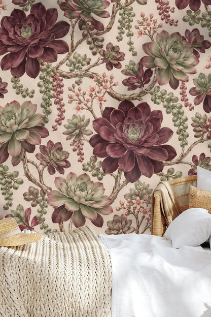 Small rattan children's chairs on patterned floor contrasting with wallpaper's large rosette scale