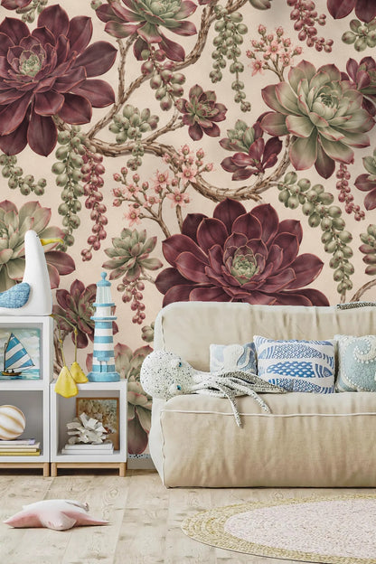 Branching succulent stems interwoven among rosette clusters in soft neutral backdrop
