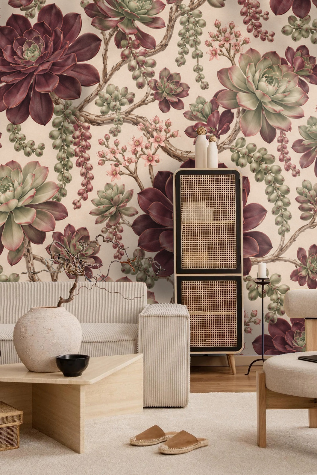 Seated leather chair with wallpaper background showing sophisticated botanical design