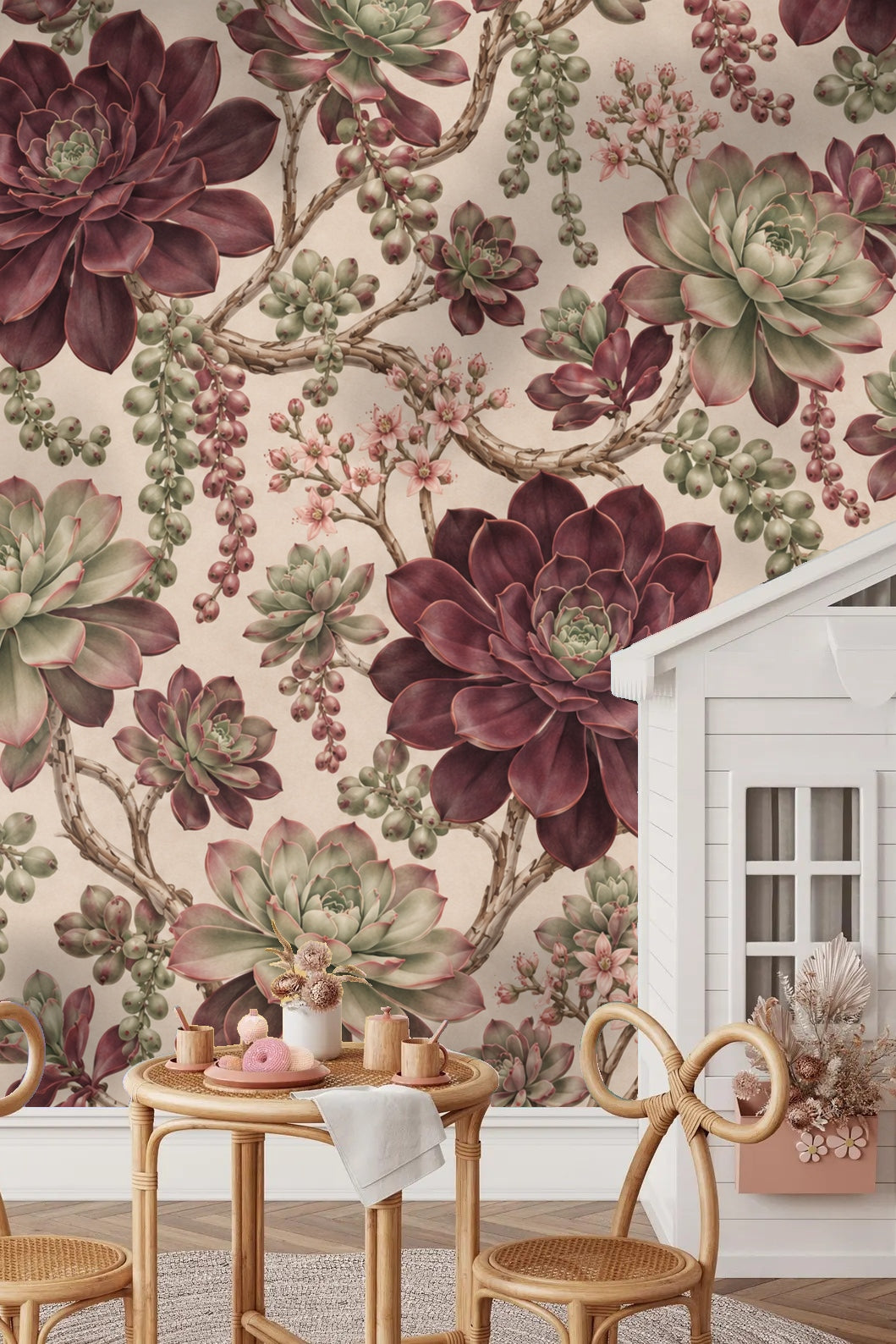 Living room corner with Aeonium Rose Spiral wallpaper behind a brown leather chair under natural hard light