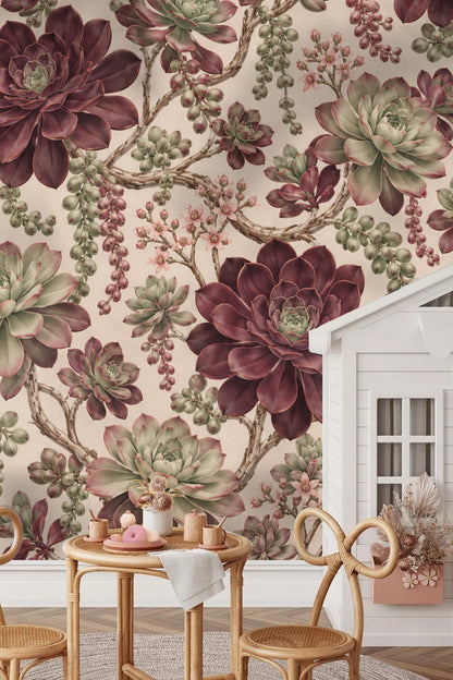 Living room corner with Aeonium Rose Spiral wallpaper behind a brown leather chair under natural hard light