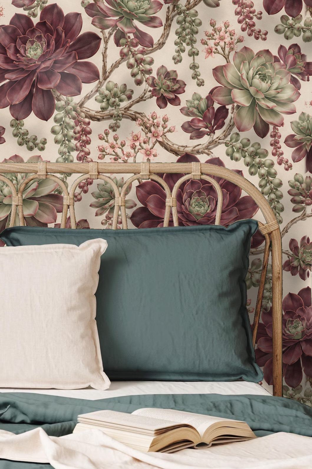 Children's playroom with Aeonium Rose Spiral wallpaper mural accentuating natural woven furniture