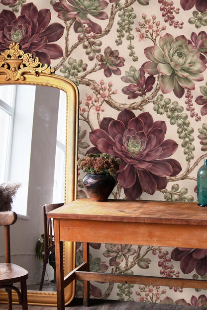 Overview of wallpaper pattern showing woody stem twists with succulents in plum and sage