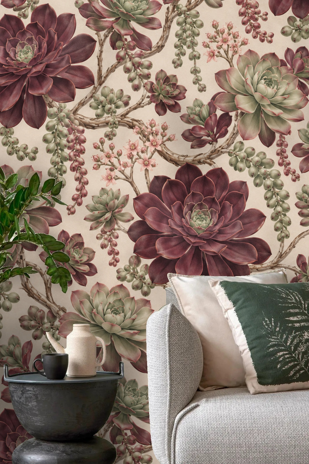 Botanical wallpaper in a modern living space creating calm, artistic atmosphere