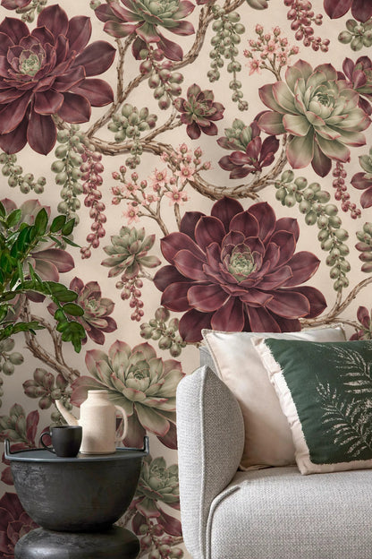Botanical wallpaper in a modern living space creating calm, artistic atmosphere