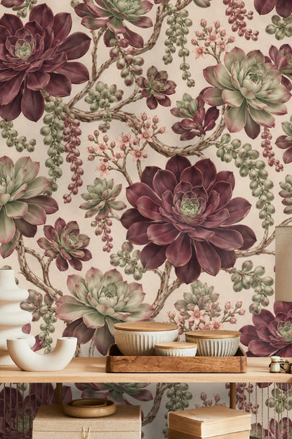 Textured wallpaper surface emphasizing painterly quality of succulent motif