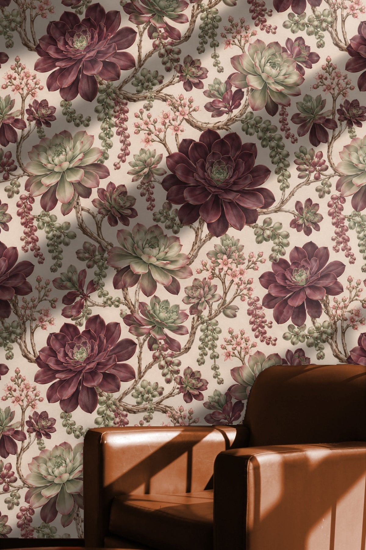 Close-up of Aeonium Rose Spiral wallpaper artwork featuring detailed plum and sage succulents