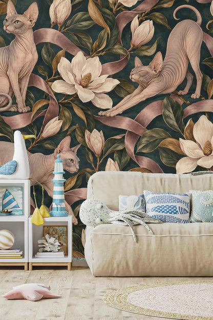 Elegant sphynx cat looking attentively with ears perked up on wallpaper.