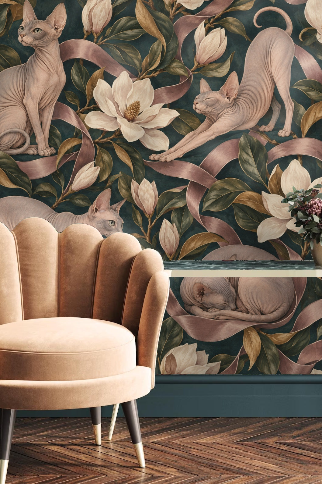 Muted pink satin ribbon encircling a sphynx cat's body in artistic wallpaper.