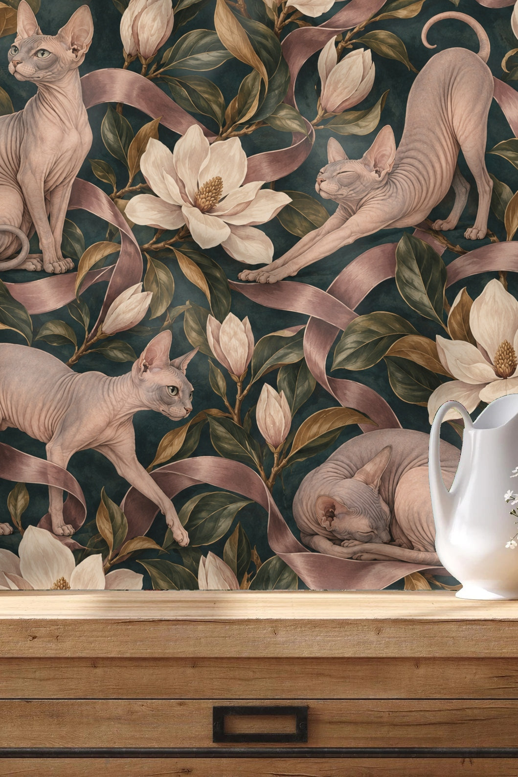 Dark teal wallpaper background visible between floral and feline motifs.